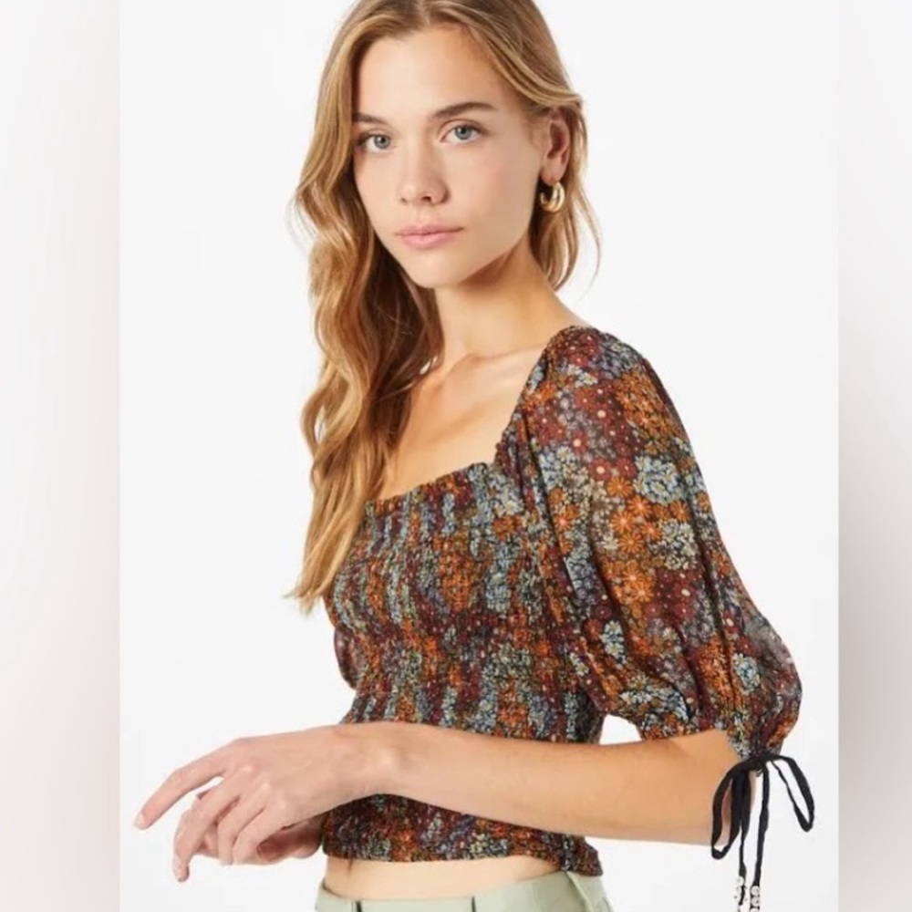 Free People Floral Smocked Puff Sleeve Crop Top sz s
